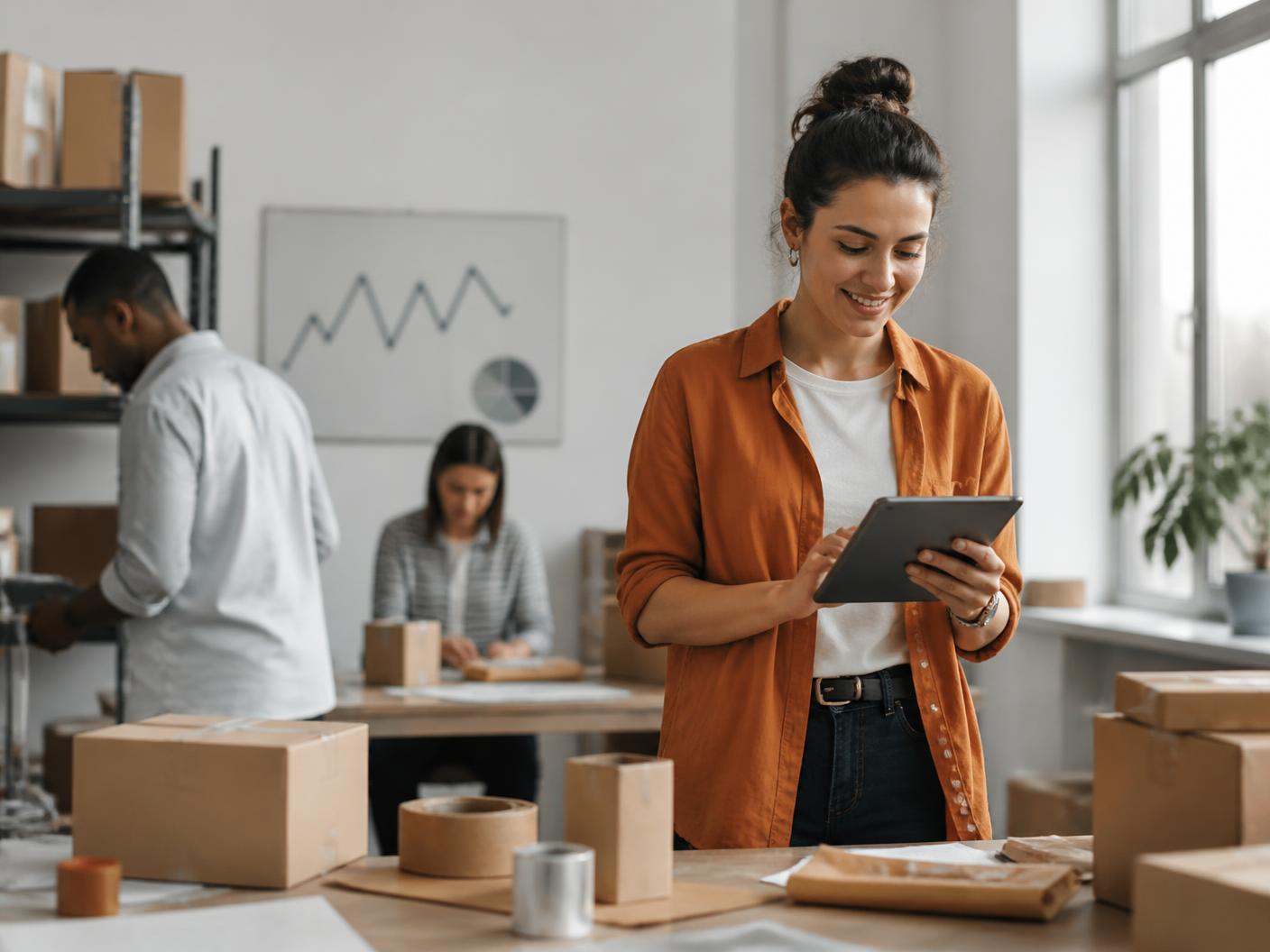 Operations team using a new business system in their fulfillment workspace